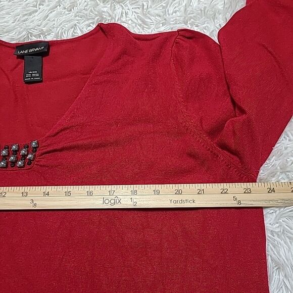 Lane Bryant Crystal Embellished Sweater Womens 18 20 Balloon Sleeve Stretch Red - Picture 9 of 10